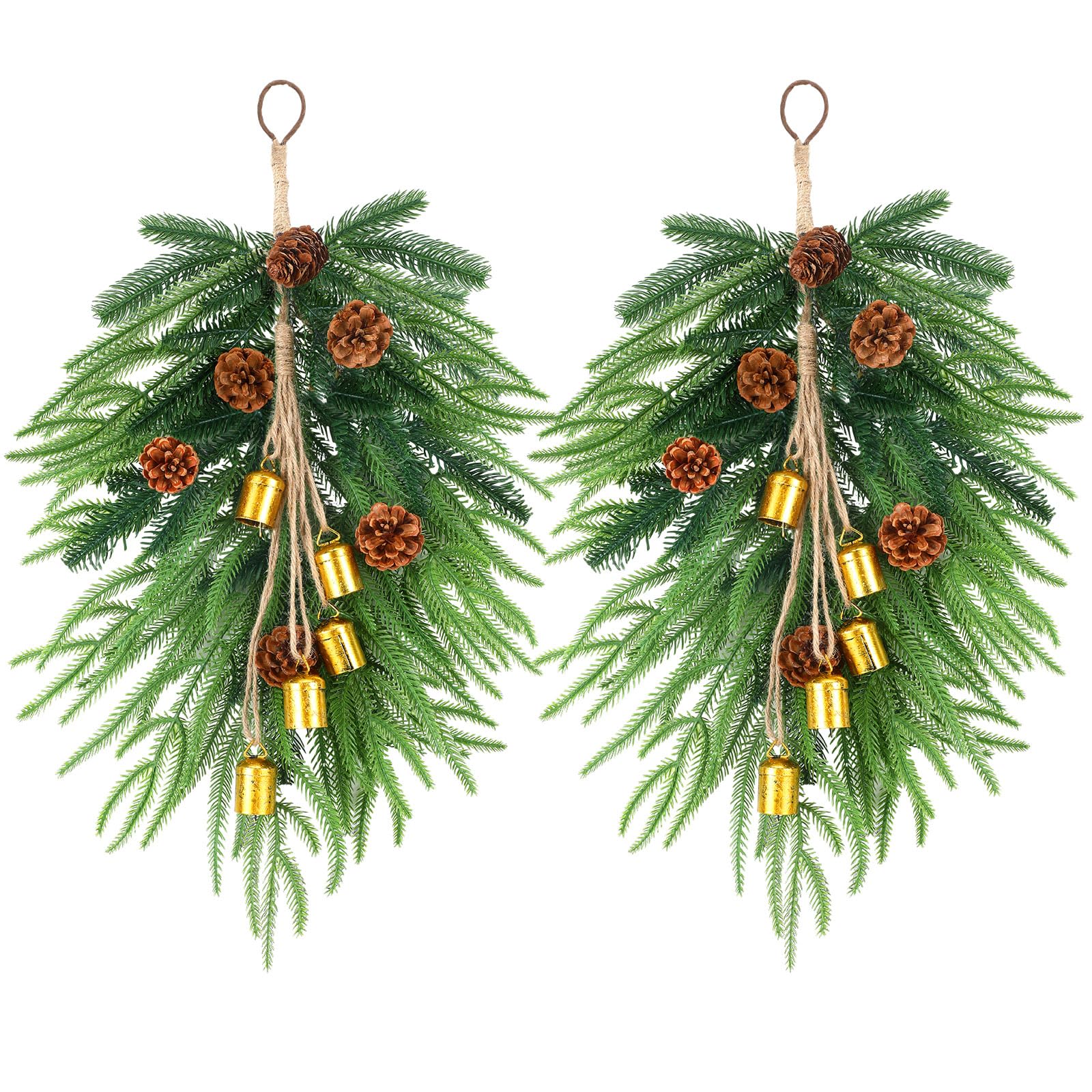 Photo 1 of 2 Pcs Christmas Norfolk Pine Teardrop Swag 18 Inch Artificial Swag with Bells and Faux Pine Cones Christmas Norfolk Greenery for Xmas Holiday Door Stairs Table Mantle Fireplace Indoor Outdoor Decor