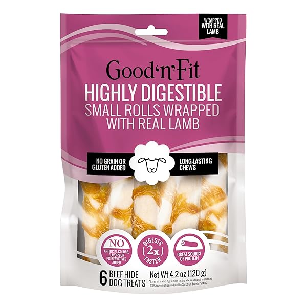 GOOD ‘N’ FIT ROLLS MADE WITH REAL LAMB, 6 SMALL ROLLS, TREAT YOUR DOG TO A LONG-LASTING AND HIGHLY DIGESTIBLE RAWHIDE CHEW