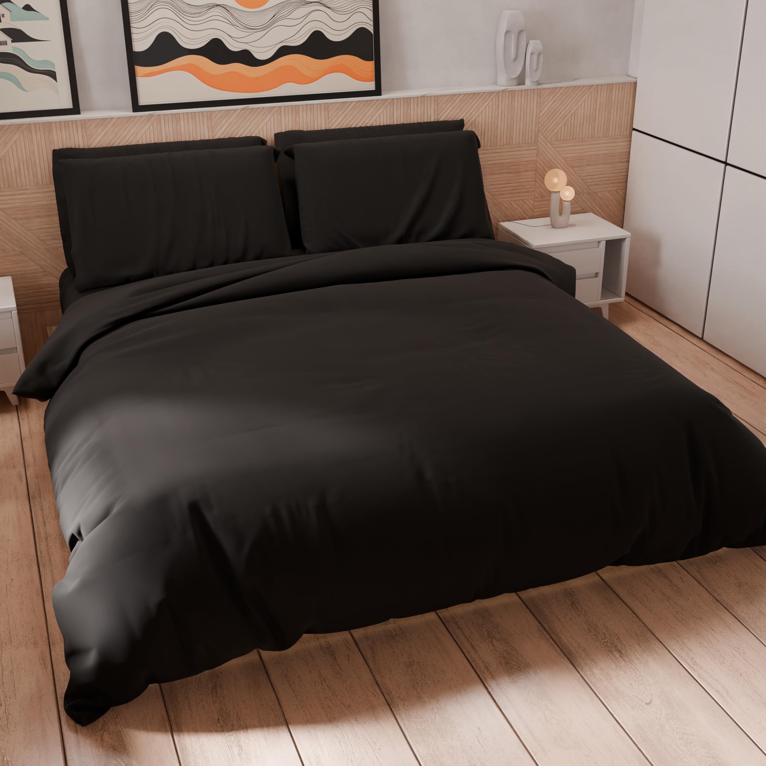 PETTI Artigiani Italiani - Double Duvet Cover Set 250 x 200 cm (2 Pillowcases 50 x 80 cm Included), Soft Microfibre Duvet Cover Set, Plain Black