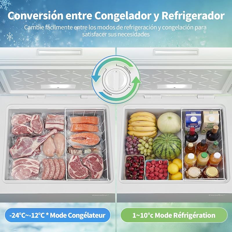 COMFEE' RCC102WH2EU(E) Congelador de peito autónomo 99L, descapotável em congelador/frigorífico, inversor, classificação de 4 estrelas, adequado para garagens, branco [Classe energética E]