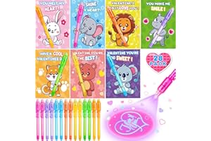 LACCHOUFEE Valentine's Day Gifts Cards for Kids，28 Pack Invisible Ink Pen with Greeting cards for kids Classroom Exchange Prizes, Magic Pen with UV Light for Secret Message, Valentine School Party Favors