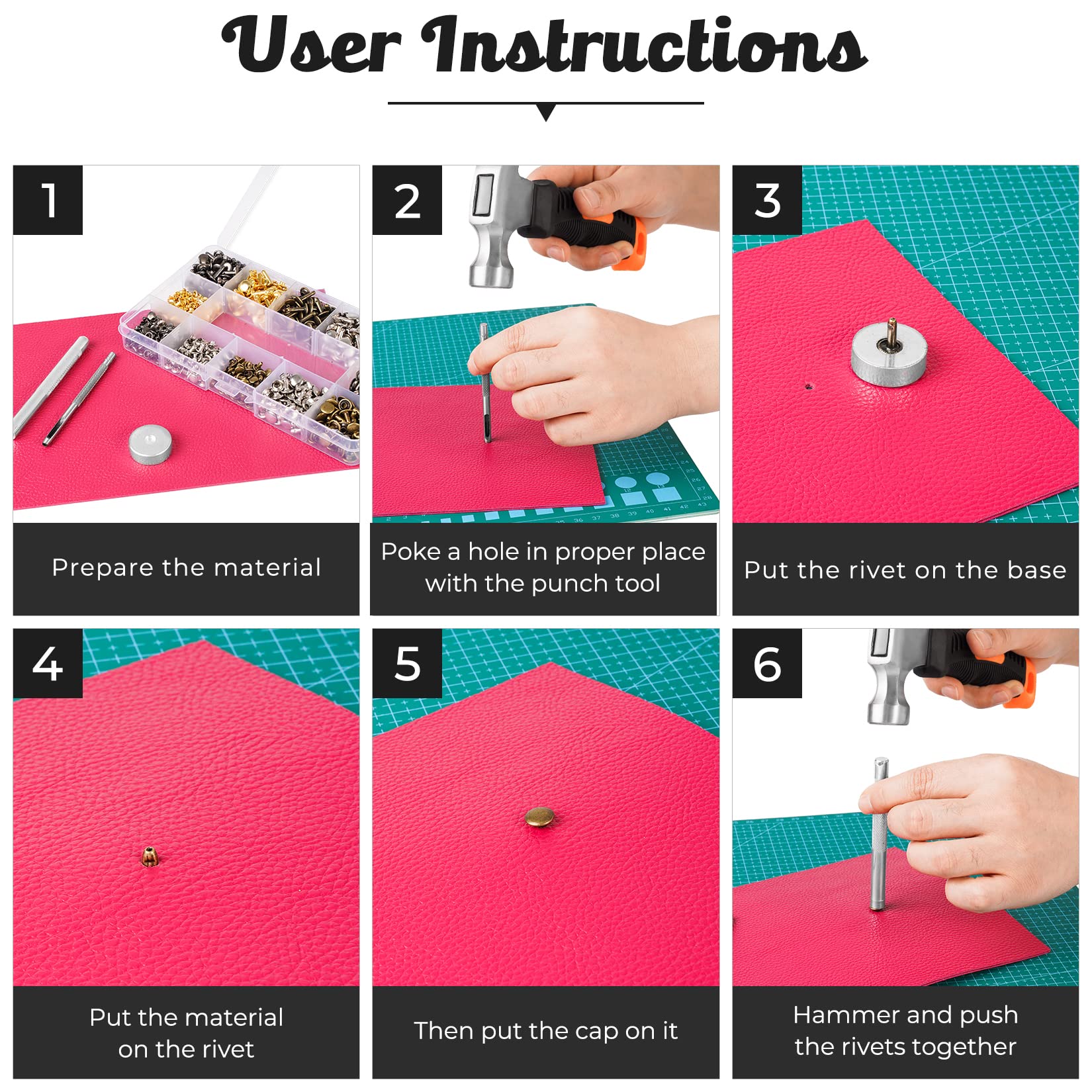 240 Sets Leather Rivets Kit, Double Cap Brass Rivets Leather Studs with 3PCS Setting Tools for Leather Repair and Crafts, 4 Colors and 3 Sizes