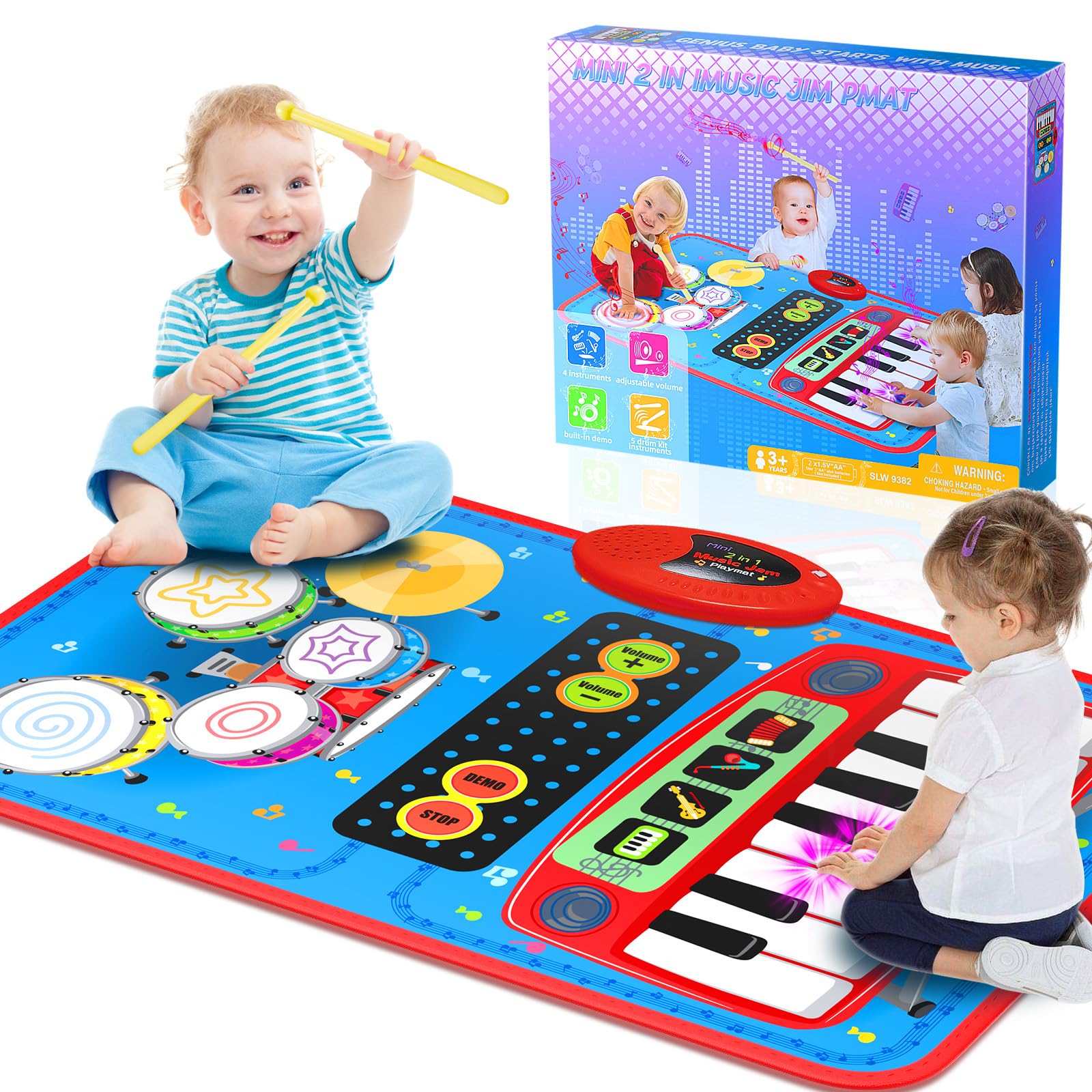 Photo 1 of 2-in-1 Musical Mat Toys for 1 2 3 4 5 Year Old, Piano Keyboard & Drum Set with 2 Drum Sticks, Early Educational Musical Learning Toys Birthday for 1 2 3 4 5 Year Old Boys & Girls, Blue