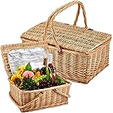 Sintuff 2 Pcs Wicker Picnic Basket with Insulated Cooler Bag Lids Vintage Picnic Hamper with Folding Woven Handle for Camping Summer Outdoor Beach Valentine Party Gift
