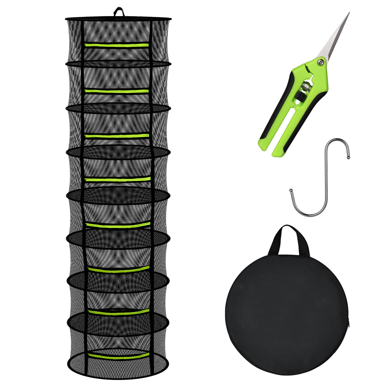 MEKOLIFE Herb Drying Rack Hanging-8 Layer, Collapsible Large Capacity Mesh Net with Green Zipper, Hooks & Bonus Garden Scissors, for Fresh Herbs/Flowers/Plants, Indoor Outdoor Use (23.62") Image