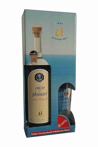 Ouzo Plomari Geschenk Box 700ml beliebter Trester aus Griechenland + Glas im Geschenkkarton
