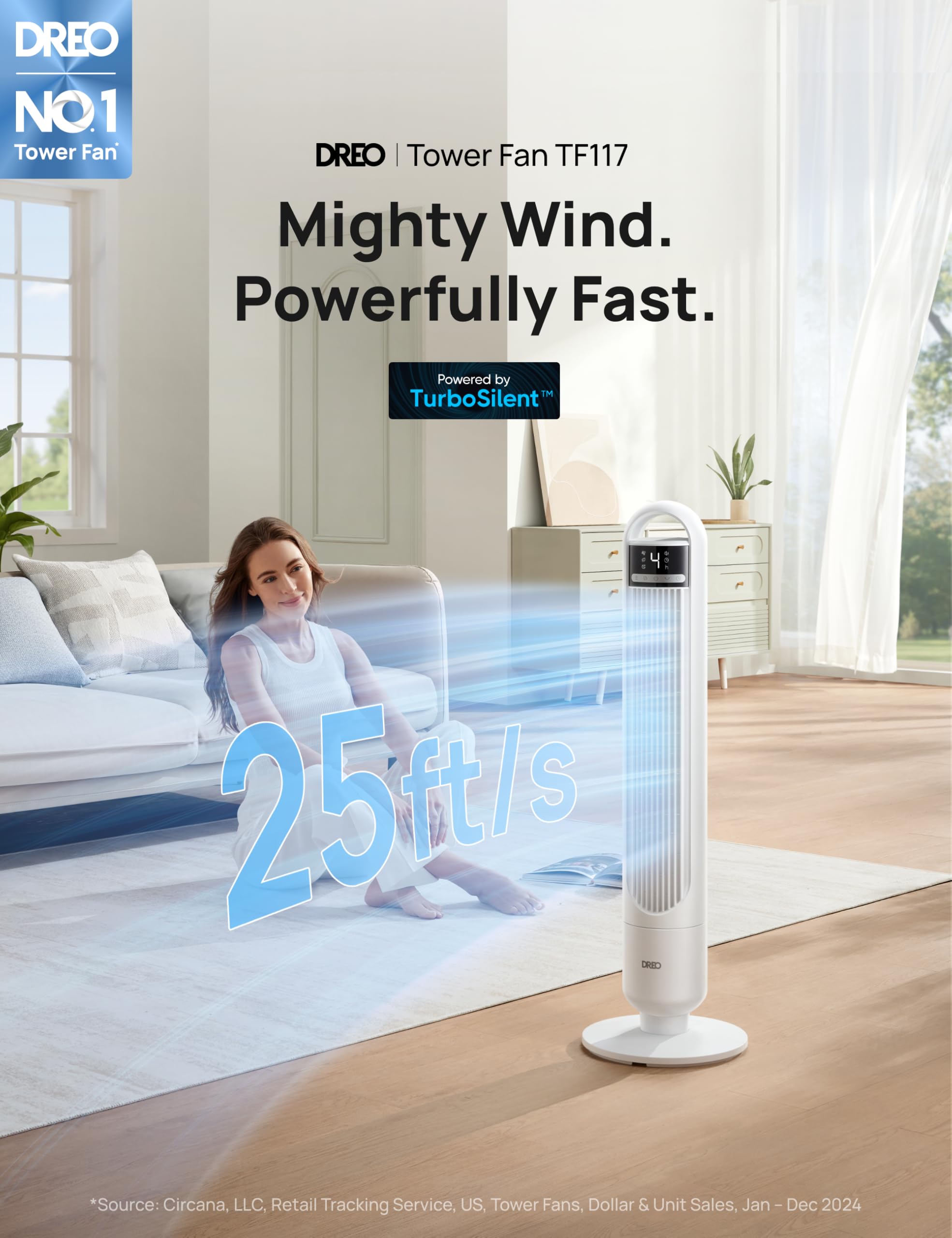 Dreo Tower Fan for Bedroom, 90° Oscillating Fan, Standing Fan with 3 Modes, 4 Speeds, 8H Timer Cooling Fans for Home, Living Room, Office, White, TF117