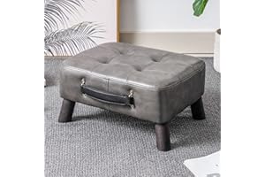 DURFII Small foot stool ottoman, Grey leather rectangle ottoman footrest, bedside step stool with wood legs, small Rectangular stool, foot rest for couch, small leather ottoman for desk, living room, bedroom
