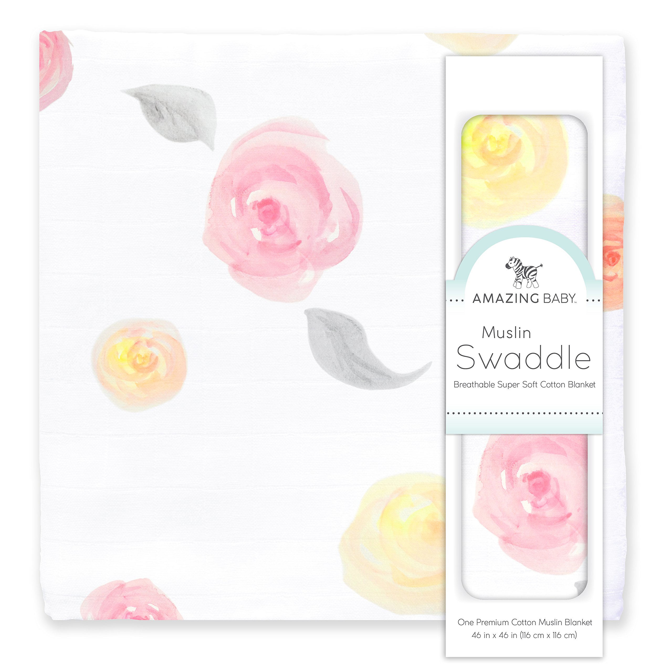 Amazing Baby Muslin Swaddle Blanket, Premium Cotton, Watercolor Roses, Pink