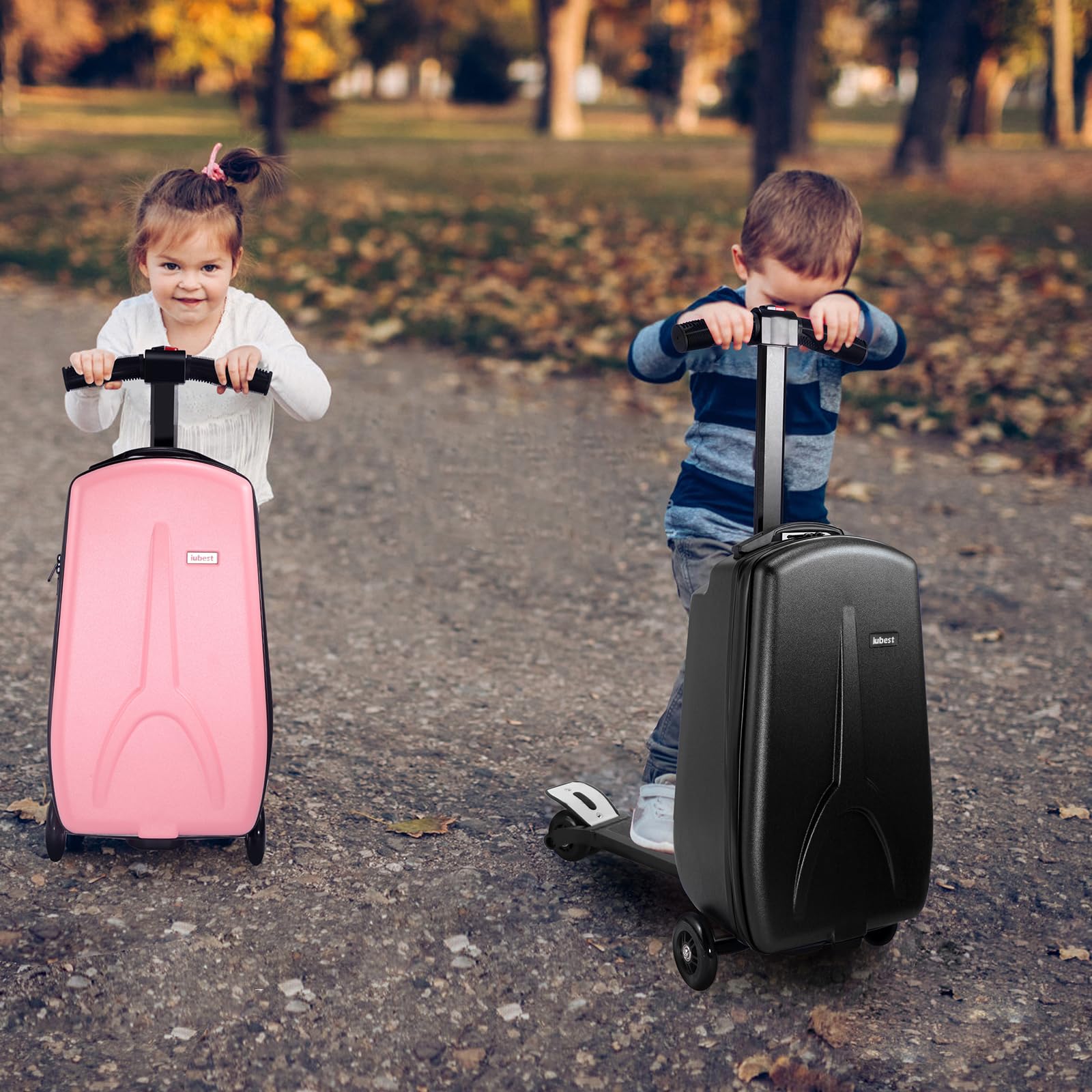 iubest Scooter Luggage Carry On Scooter Suitcase for Kids Age 4-15, Detachable & Foldable 4 in 1 Kids Suitcase, Multifunctional Ride On Travel Trolley Scooter Combo-Black
