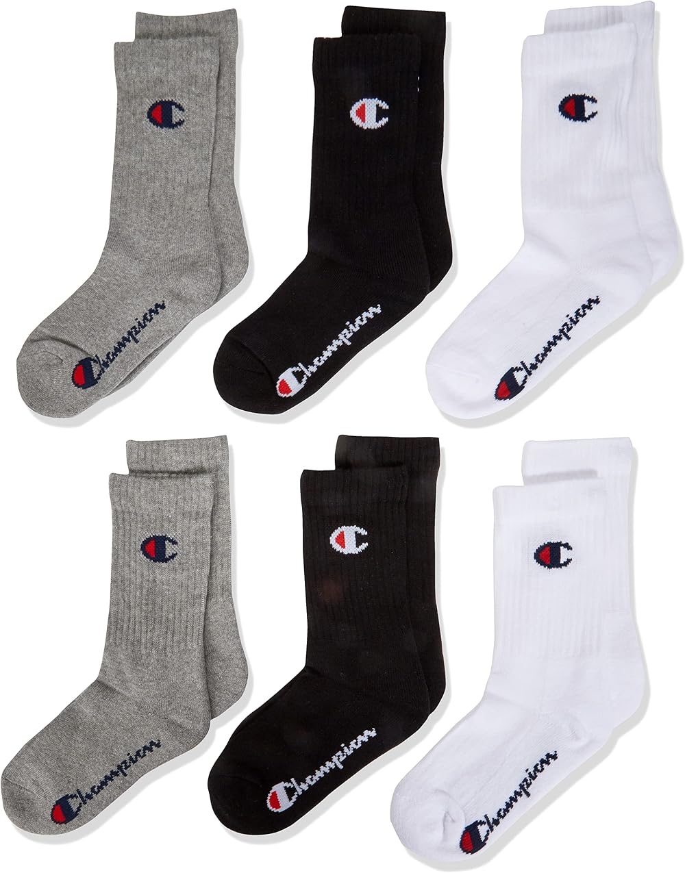 Champion Basics 6pk Crew Ankle Socks Light Grey Melange White Black UK 6