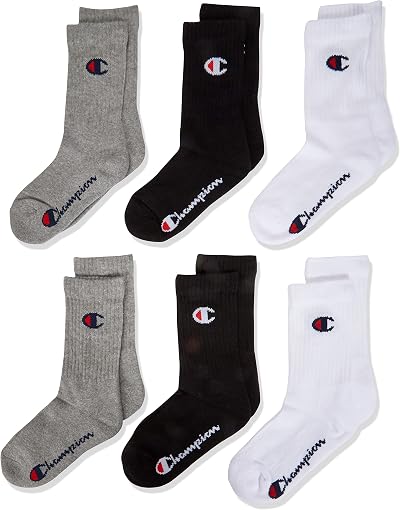 Champion Basics 6pk Crew Ankle Socks Light Grey Melange White Black UK 6