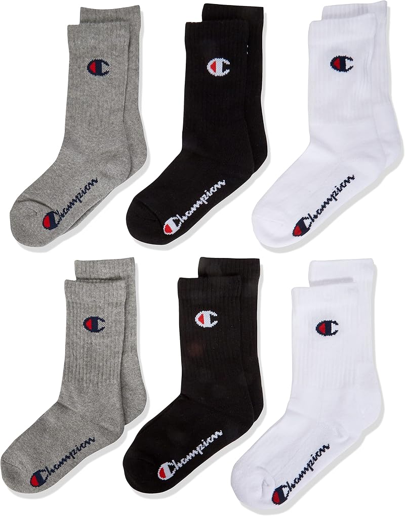 Champion Basics 6pk Crew Ankle Socks Light Grey Melange White Black UK 6