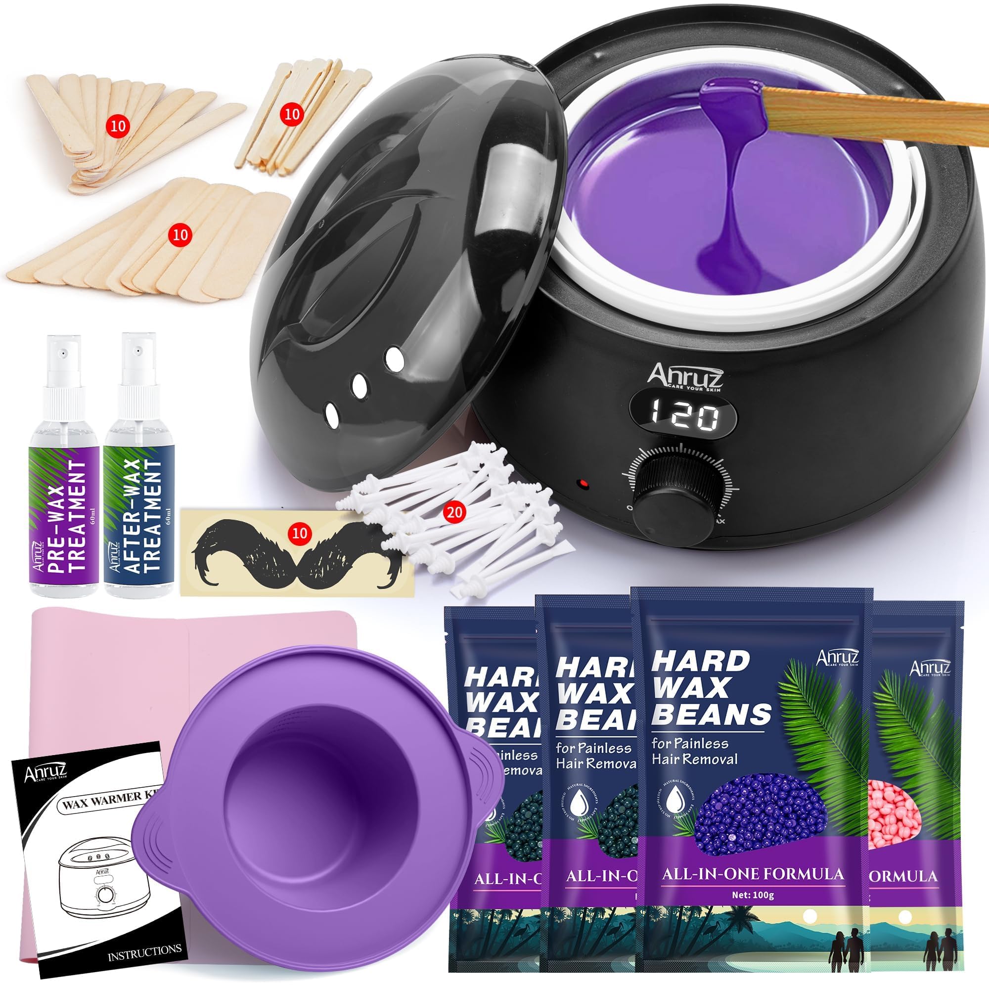 ANRUZ Premium Waxing Kit, Digital Wax Kit for Hair Removal, Wax Warmer Kit with 70 Items,Wax Pot for Waxing Professional -at Home Wax Machine for Full Body Waxing