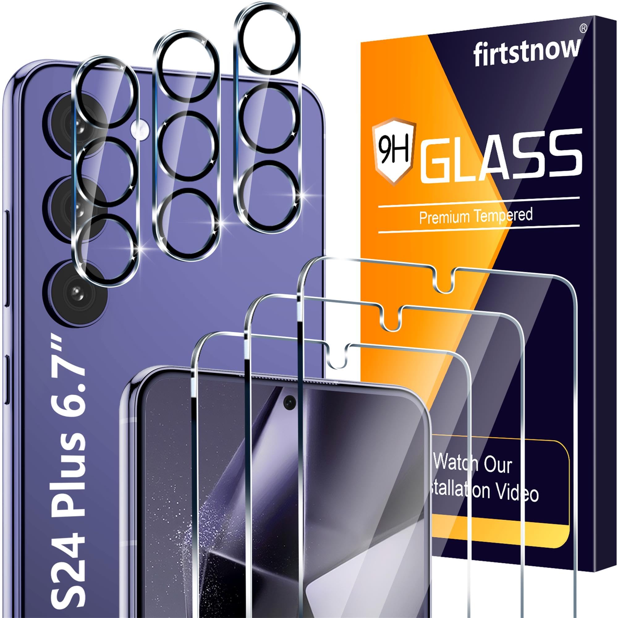 firtstnow 3 Pack for Samsung Galaxy S24 Plus Screen Protector Tempered Glass + 3 Pack Camera Lens Protector, Military Grade Shatterproof, 9H Hardness, Fingerprint Unlock, Case Friendly 6.7 Inch