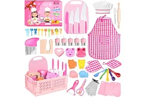 AOJIENI Kids Knife Set for Real Cooking: 48PCS Kids Kitchen Set, Kids Cooking Sets Real with Apron＆Basket, Kid Kitchen Accessories, Toddler Baking Kitchen Tools, Montessori Toys for 3+ Year Old Birthday Gifts