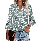 Gaharu Women's Work Blouses Ruffle 3/4 Sleeve Dressy Top V Neck Casual Chiffon Tunic Blouses Business Shirts