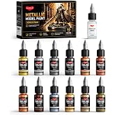Smallbudi 12 Colors Metallic Model Paint Set Miniature Acrylic Paints | 20ml Ready to Use Metallic Modeling Paints with Thinner, Brush &amp; Airbrush Compatible Set for Figures, Armor, Weapons, Crafts