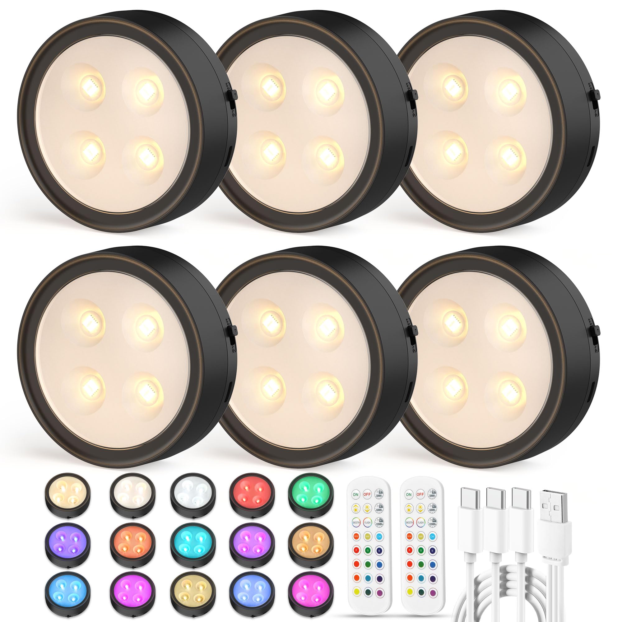 Photo 1 of Onumii Puck Lights with Remote Rechargeable Under Cabinet Lighting 1200mAh Colors Changing Lights Magnetic Stick on Lights for Kitchen, Counter, Shelves, Closet (6Pack Black)