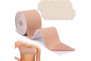 Boob Tape Kit, 1 Roll Cuttable Breast Lift Tape & 5 Pairs of Nipple Covers, Breathable & Sweatproof Boobtape for Strapless Br