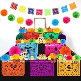 Newwiee 82 Pcs Dia De Los Muertos Altar Day of Dead Decor, Multi Color | Ofrenda Decorations for Altar, LED Candle Papel Picado, Marigold Flowers, Monarch Butterfly, Banner, Disposable Tablecloth