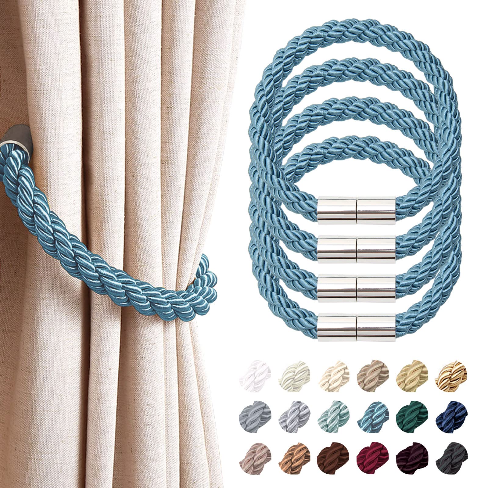 Pretty Jolly 4 Pack Strong Magnetic Curtain Tiebacks Modern Simple Style Drape Tie Backs Convenient Decorative Weave Rope Curtain Holdback for Thin or Thick Home & Office Window Drapery (Teal)