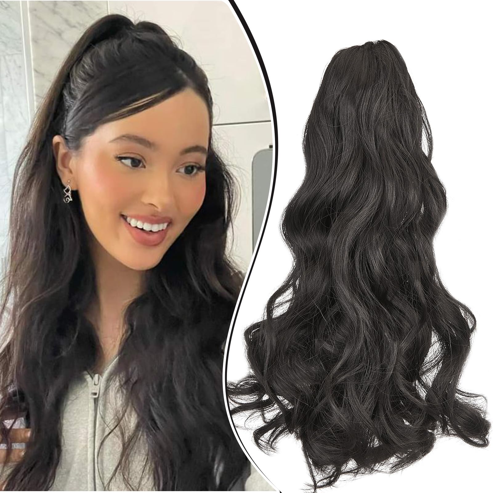 Dcbaboo 18inch Claw Clip in Ponytail Hair Extensions Long Wavy Ponytail Extension Curly Synthetic Pony tails Natural Wave One Piece Hairpiece Fake Ponytail for Women, Dark Brown — image 1