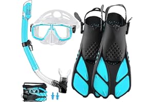 DiVLMT Snorkeling Gear for Adults with Fins Scuba Diving Gear Adult Prodessional Travel Snorkel Sets with Flippers,Anti-Fog Anti-Leak Diving Mask