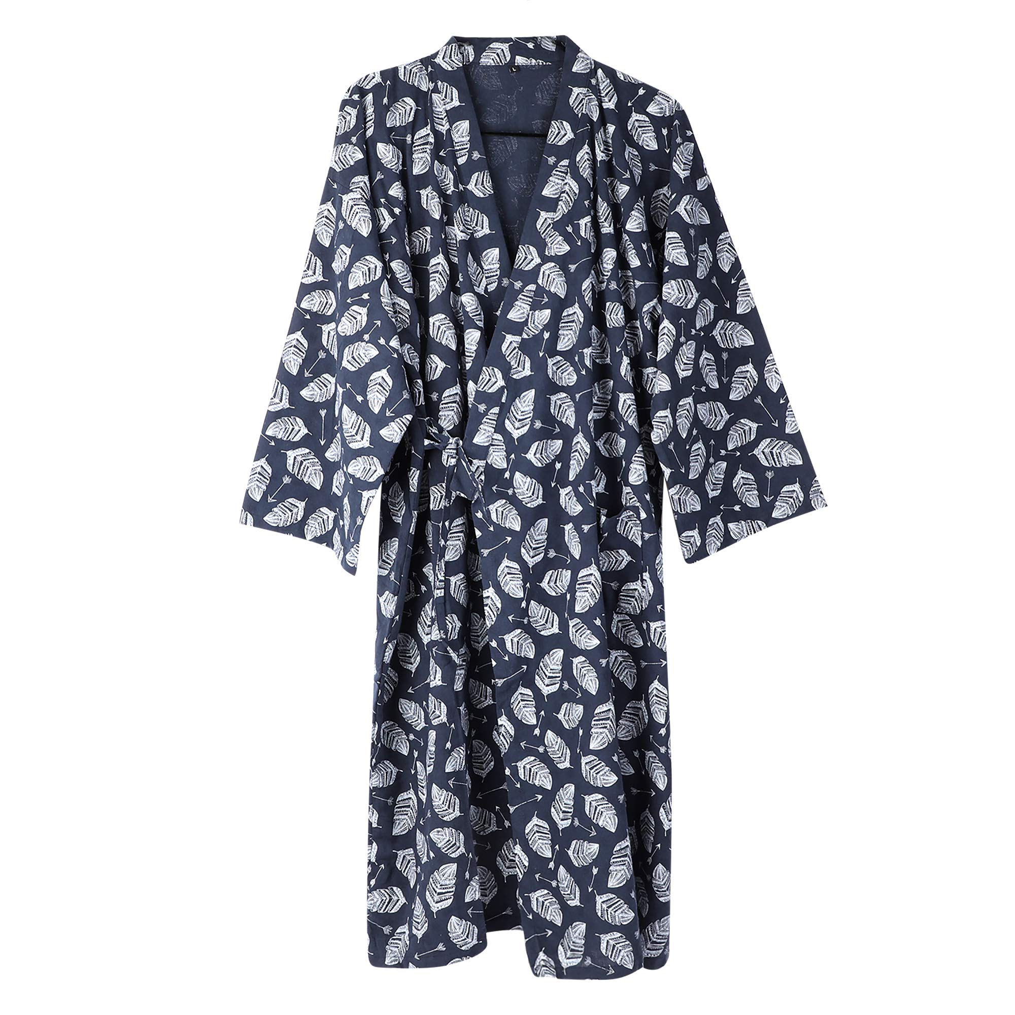 Qchomee Men's Kimono Robes Cotton Bademantel Dressing Gown Khan Steamed Clothing Bathrobes Long Sleeve Sleepwear Loungewear Nightwear, L, Navy