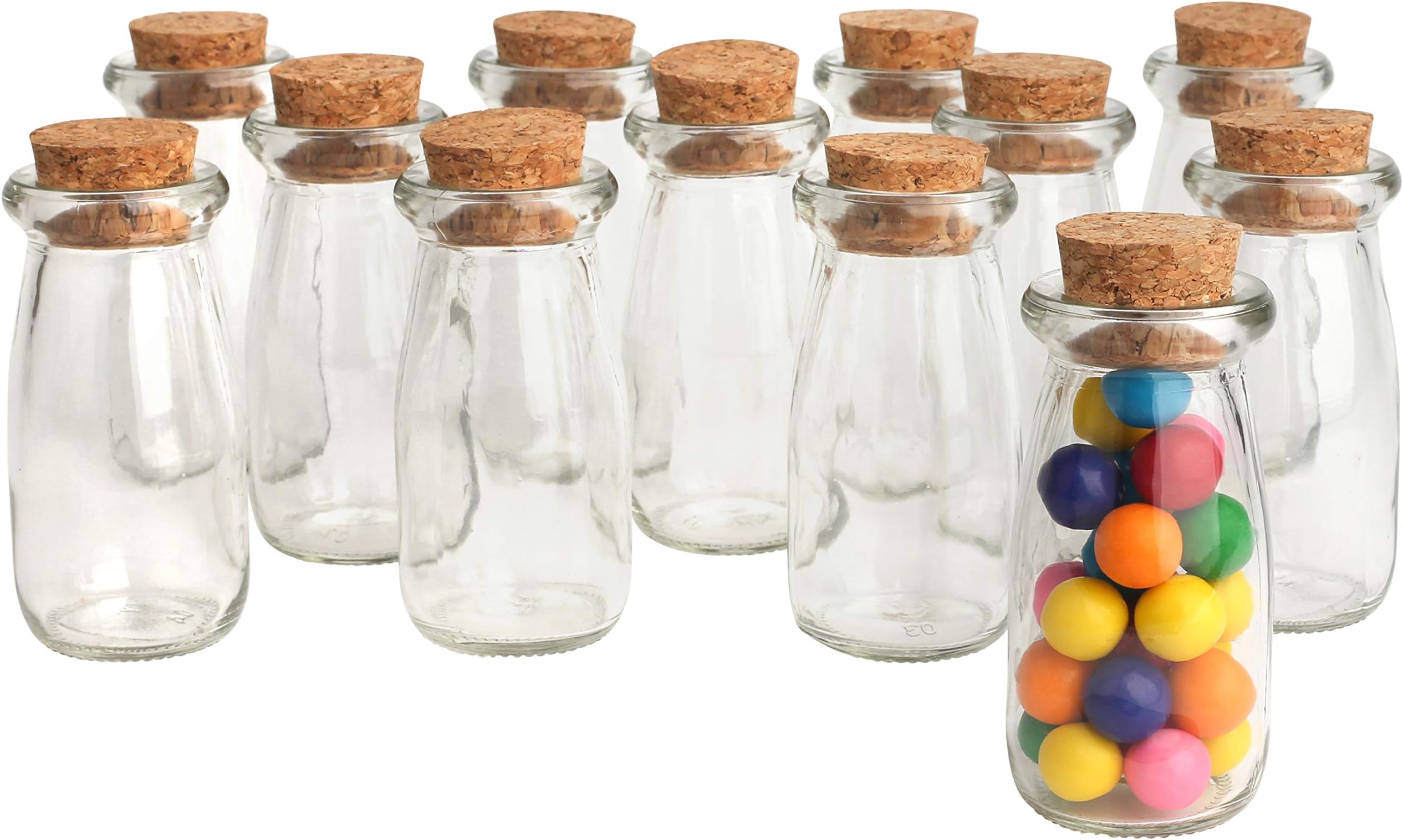 Mantello 4” x 2”, Set of 12 Vintage Milk Bottle-Shaped Corked Glass Bottles, Baby Shower Party Favor, Centerpiece, Bud Vase
