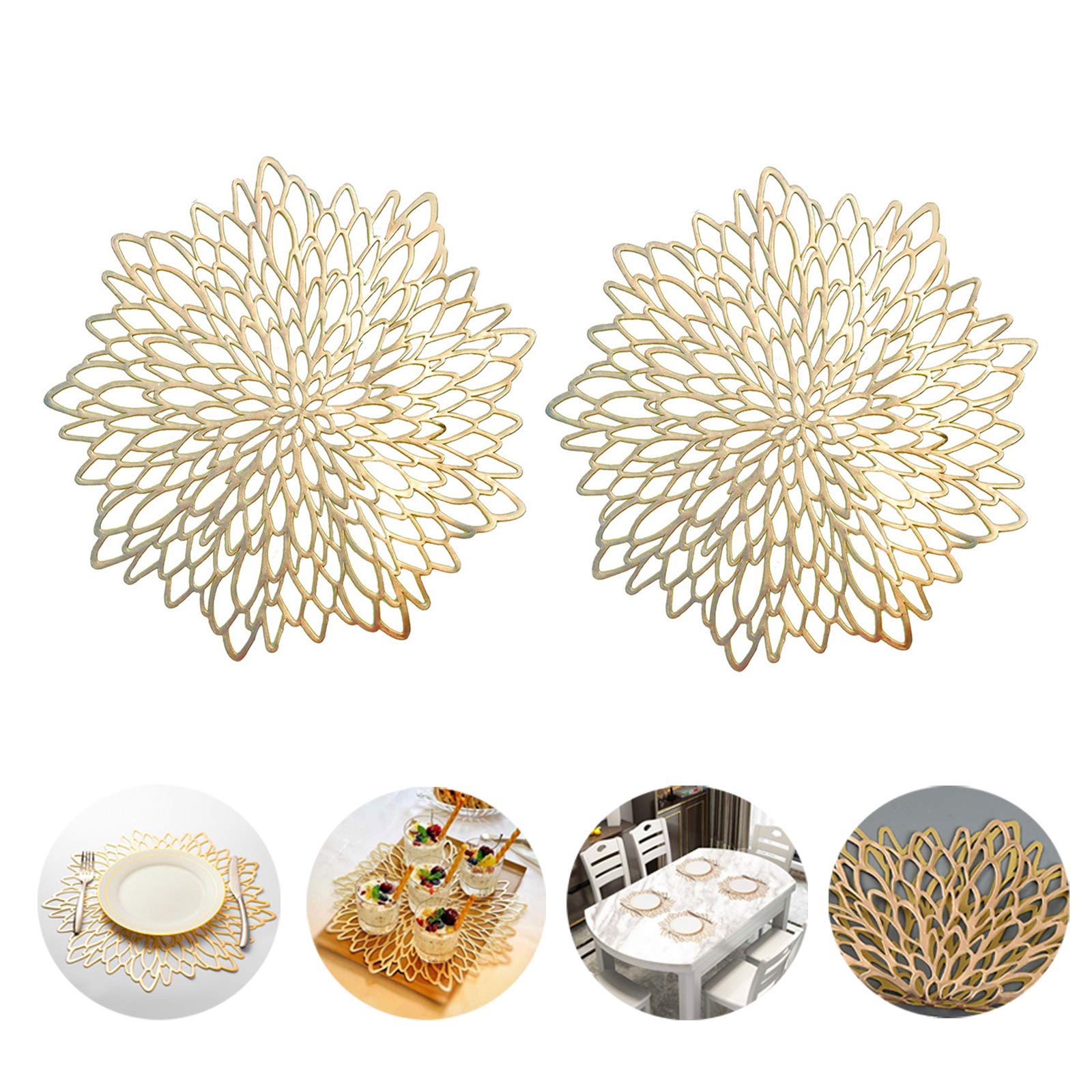 Gold Placemats and Table Mats Sets, Washable Hollow Round Place Mats for Kitchen Table Heat Resistant PVC Table Mats for Dining Table Christmas, Wedding, Restaurant, Hotel,15.5inches (Sets of 2)