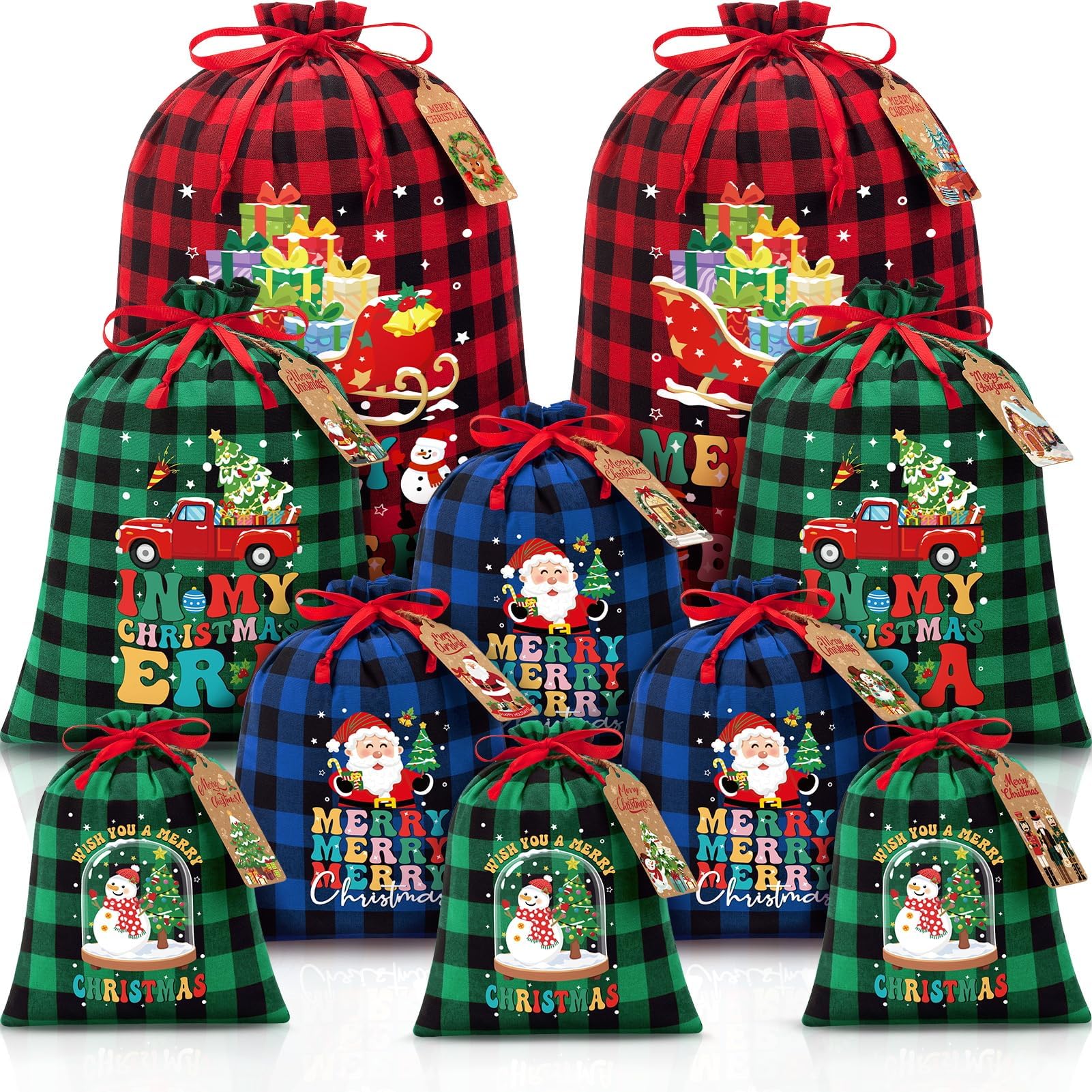 Photo 1 of 10 PCS Christmas Drawstring Gift Bags with Tags, Buffalo Plaid Xmas Gift Bags Assorted Sizes Bulk, Cotton Fabric Holiday Gift Bag Large Medium Small Wrapping Bag for Xmas Presents Decor Party Favors