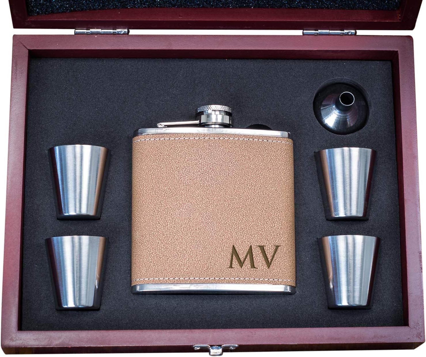 Personalized Leather Flask Wood Box Set Custom Engraved