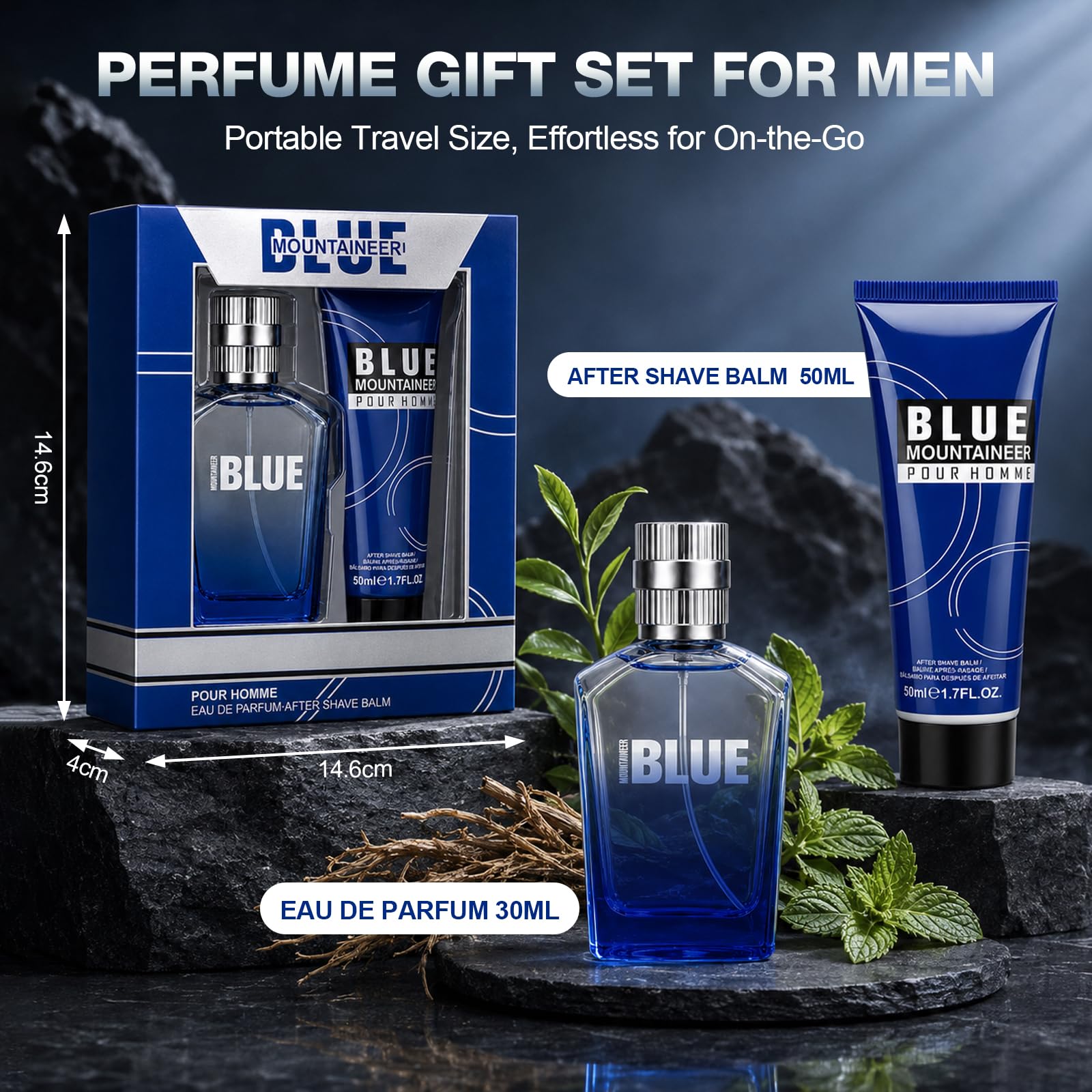 Parfüm Herren Geschenkset Männer, Eau de Parfum 30ml + After Shave Balsam 50ml, Langanhaltender Holznote mit Minze Tee Vetiver, Duft-sets für Herren-Vatertag & Geburtstag& Valentinstag 2