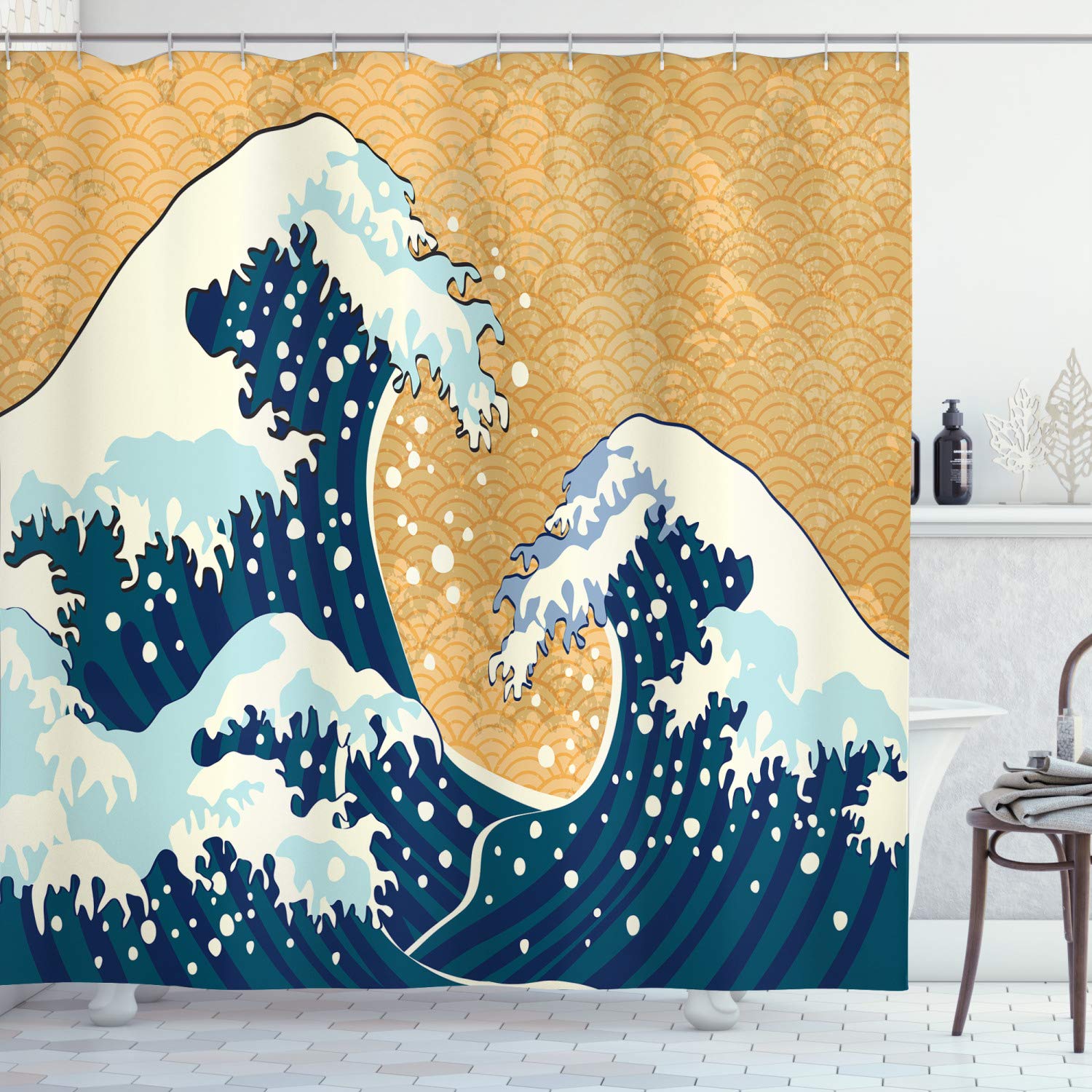 ABAKUHAUS Japanese Wave Shower Curtain, Sea Storm in Japan Traditional Drawing Foamy Waves, Cloth Fabric Bathroom Decor Set with Hooks, 175 x 200 cm, Earth Yellow Dark Blue