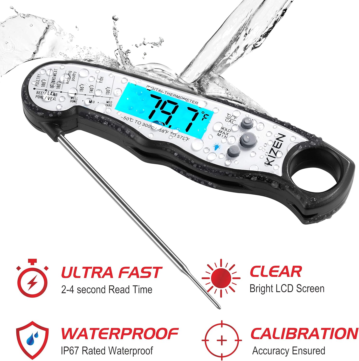 Kizen Instant Read Meat Thermometer - Best Waterproof Ultra Fast Thermometer with Backlight & Calibration. Kizen Digital Food Thermometer for Kitchen, Outdoor Cooking, BBQ, and Grill!: Kitchen & Dining