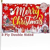 XIFAN Christmas Flag Double Sided 3x5 ft Outdoor, Large Merry Christmas Banner with Red Gnome Buffalo Plaid Truck Xmas Tree Snowman, Winter Holiday Gift Wall Decor Decoration