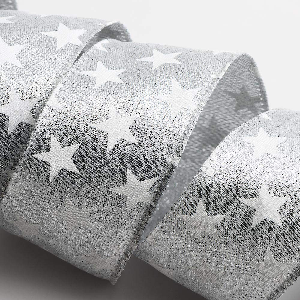 Stars Ribbon Wired Edge 38mm x 10 Metres - Silver