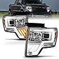 AmeriLite Replacement Headlights Assembly for 2009-2014 Ford F150 Switchback LED Tube Quad Projector Chrome Set - Passenger and Driver Side