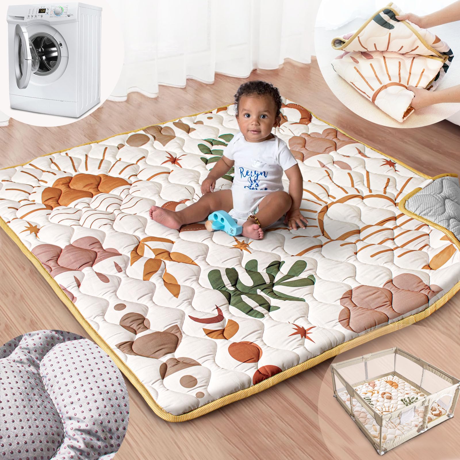 Photo 1 of Beavtaens Baby Play Mat, 50x50 Playpen Mat with Super Soft Touch, Activity Mat with Upgraded Anti-Slip Bottom, Machine Washable Crawling Mat for Floor & Picnic(Boho Nature)