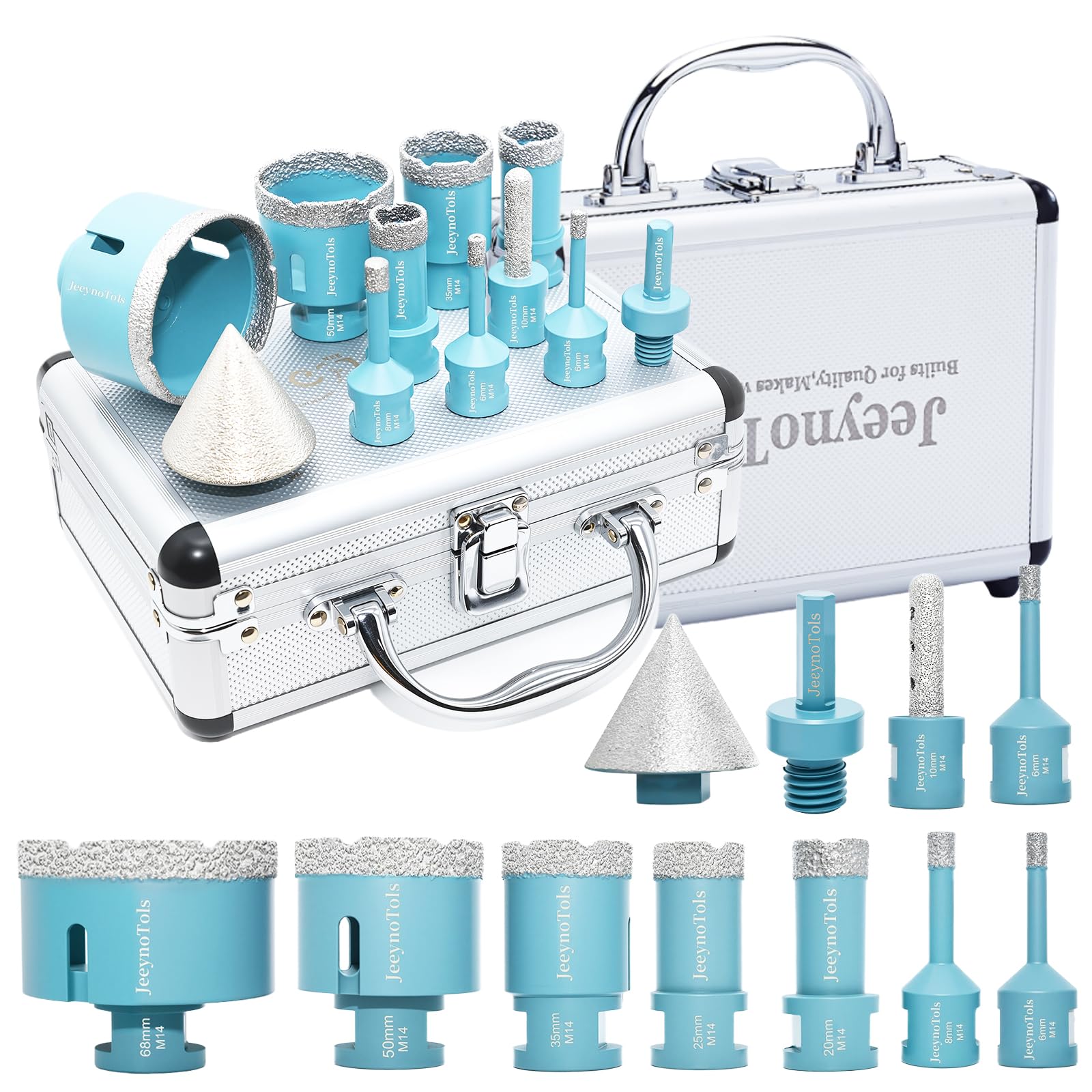 JeeynoTols Diamond Core Drill Bit Kit - 11pcs(6/6/8/20/25/35/50/68mm+10mm Milling Bit+50mm Beveling Chamfer Bit+HEX Adapter) M14 thread Porcelain Tile Ceramic Granite Hole Saw Set