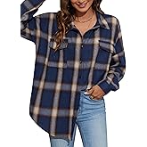 Blooming Jelly Women's Button Down Flannel Shirts Plaid Shacket Long Sleeve Collared Business Casual Tops Work Blouses
