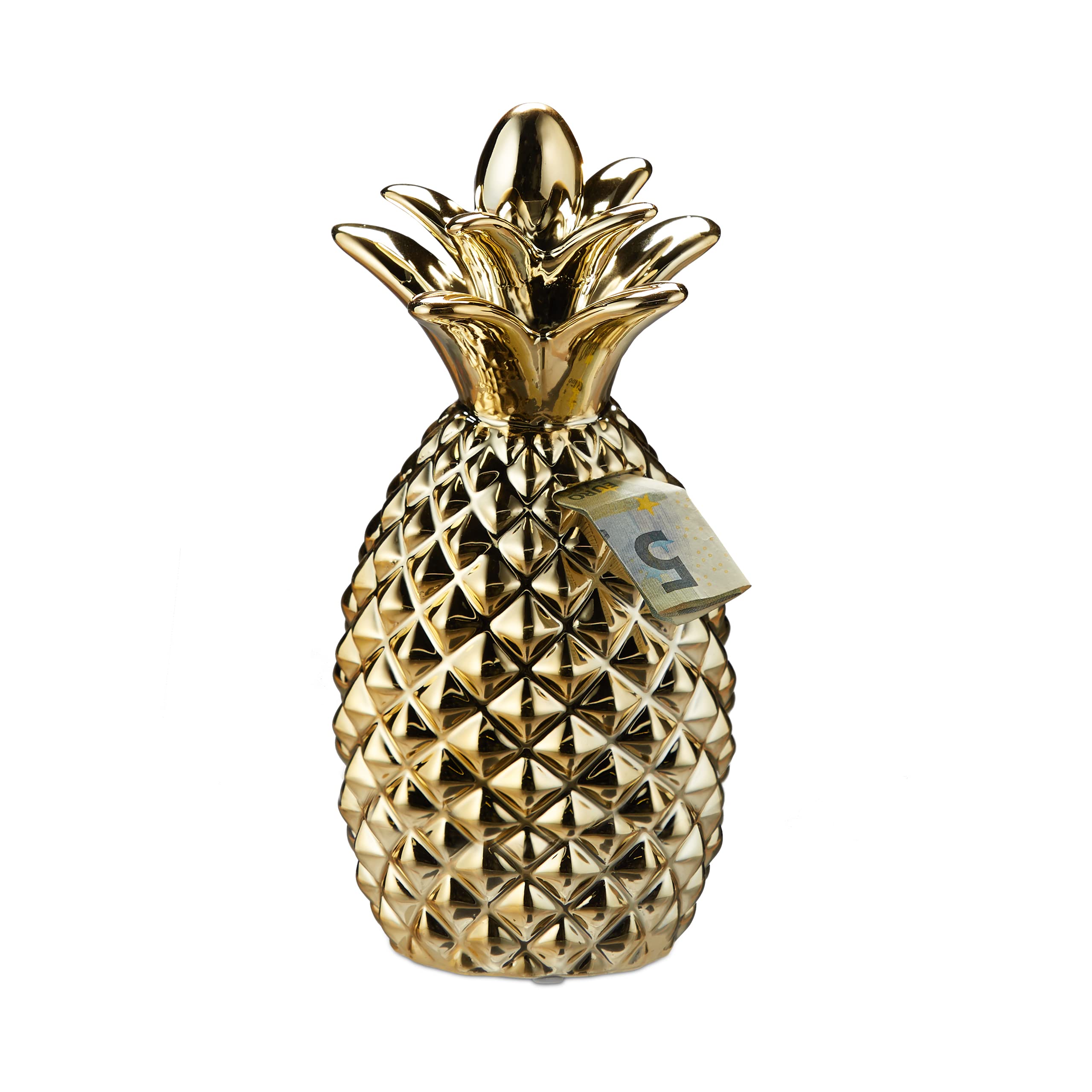 Relaxdays Pineapple Money Box, Ceramic Piggy Bank, Notes & Coins, Home Décor, Gift Kids & Adults, HxW 24 x 10.5 cm, Gold