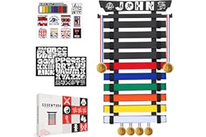 ESSENTURA 10 Belts Karate Belt Display Rack, Pure Bamboo Wood, Themed Stickers, Medal Hangers - Taekwondo Belt Display, Jiu Jitsu, BJJ, Martial Arts