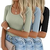 Ficerd 3 Pack Women's Half Sleeve Tops Ribbed Elbow Length Shirts Scoop Neck Slim Fit Summer Basic Tee Trendy Casual Blouses