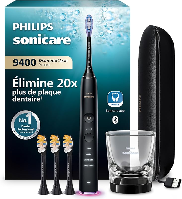 Sonicare DiamondClean Smart 9400 - brosse à dents électrique avec 4 modes de brossage, 3 niveaux d'intensité, capteur de pression, connecté à l’application, noir, modèle HX9918/89