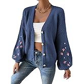 SHENHE Women's Embroidery Cardigan Drop Shoulder Button Front Duster Knit Sweater