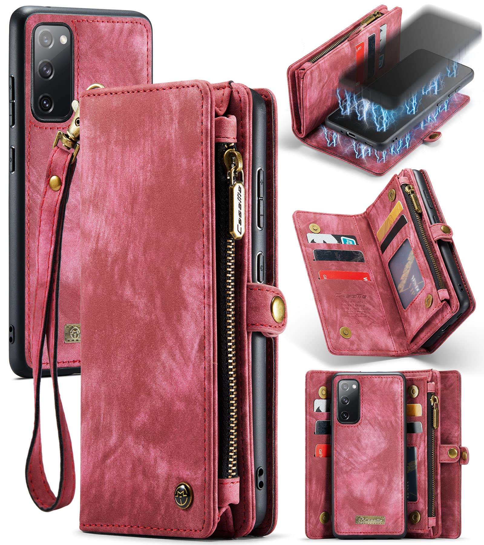 UFinetech Detachable Samsung Galaxy S20 FE Case Wallet Leather TPU Magnetic Flip Slot Card Holder Zipper Stylish 2020 Luxury 2-in-1 Multifunction Purse Holster Cover for Samsung Galaxy S20 FE 5G Red