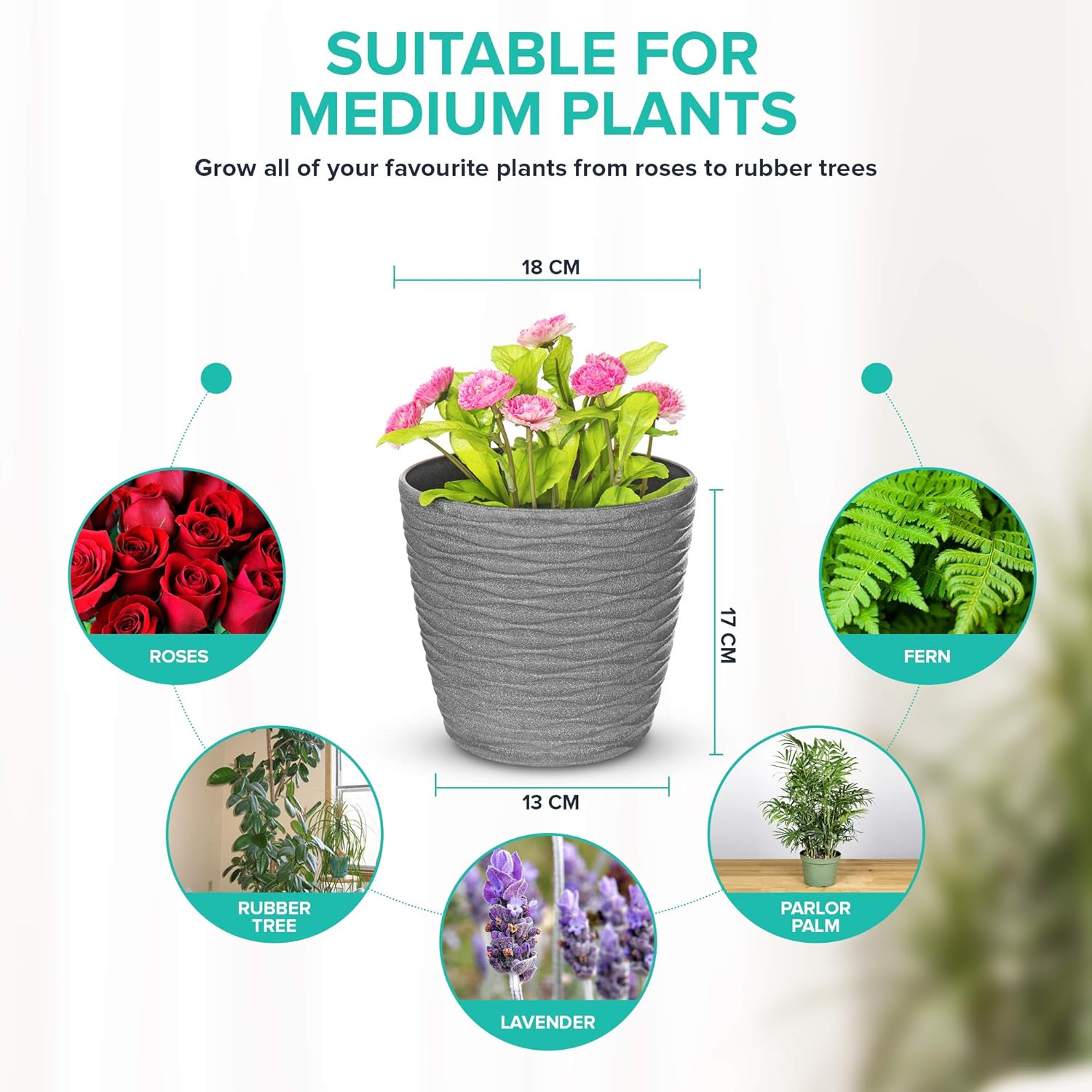LIVIVO Flower and Plant Pot with Wave Design and Drainage Hole for Indoor or Outdoor Use Hard Wearing Durable 18cm Diameter Plastic with Wave Design (Set of 2 - Image 4