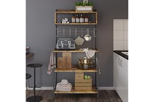 Bestier Kitchen Baker's Rack Coffee Station Microwave Oven Stand Kitchen Shelf with Hutch 8 Side Hooks Free Standing Utility Storage Shelf for Kitchen Dining Room Living Room